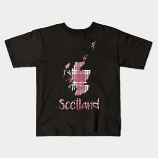 Scotland Pink, White and Grey Tartan Map Typography Design Kids T-Shirt